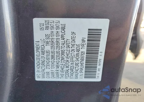 2022 Honda Odyssey Touring z USA, uszkodzony, nr VIN 5FNRL6H87NB067828